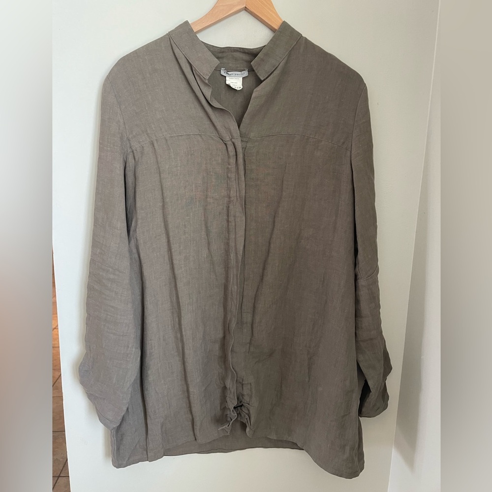 Sarah Pacini Italy 100% Linen Lagenlook Shirt Jacket Taupe S Granola Gorpcore